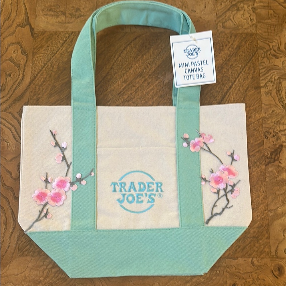 Trader Joe’s Canvas Tote Bag - Cream and Green with cherry blossom iron-ons